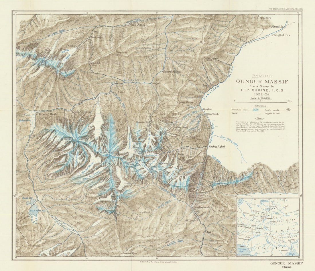 Eastern Pamirs. Qungur/Kongur Massif, Xinjiang, China. RGS/C. P. Skrine 1925 map: Title: Eastern Pamirs. Qungur/Kongur Massif, Xinjiang, China. RGS/C. P. Skrine 1925 map Description: Pamirs - Qungur Massif from a survey by C. P. Skrine, I.C.S. 1922-24'. Royal Geographical Society /