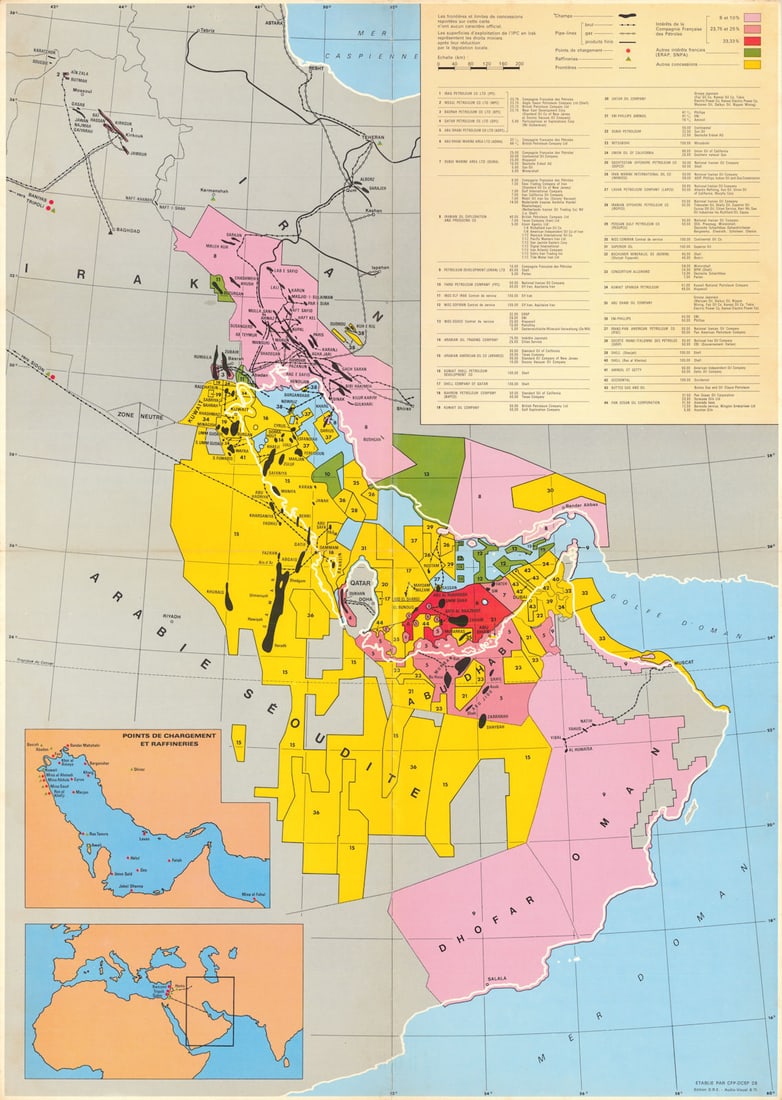 Middle East Oil concessions. L'Industrie Pétrolière Moyen-Orient. TOTAL 1971 map: Title: Middle East Oil concessions. L'Industrie Pétrolière Moyen-Orient. TOTAL 1971 map Description: L'Industrie Pétrolière au Moyen-Orient [The Middle East Oil Industry]. This map