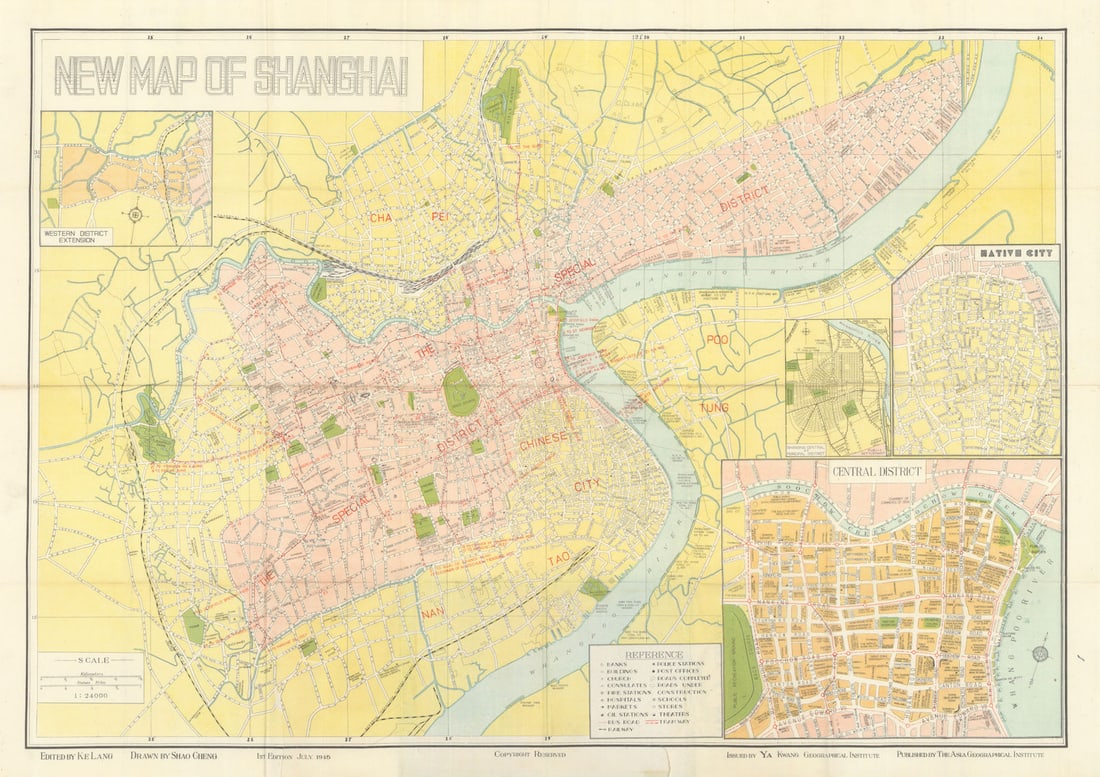 New Map of Shanghai. City plan by Ke Lang & hao Cheng. 1st edition July 1945: Title: New Map of Shanghai. City plan by Ke Lang & hao Cheng. 1st edition July 1945 Description: New Map of Shanghai'. This map was published in July 1945 and shows Shanghai with its administrative di