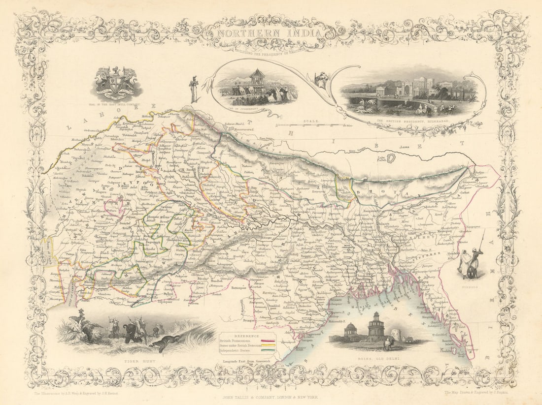 NORTHERN INDIA. British colonies &c. Nepal Bhutan Bengal.TALLIS/RAPKIN 1851 map (1 of 1)