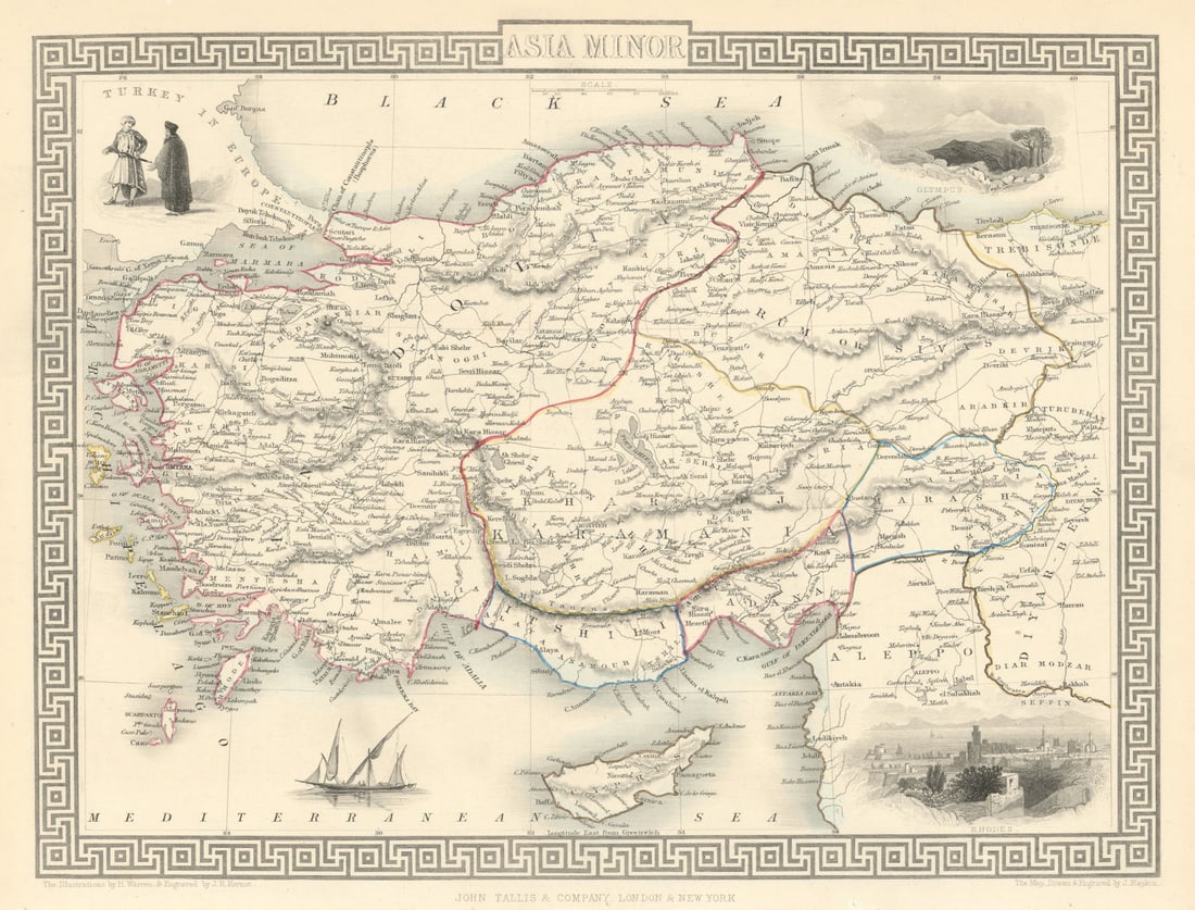 ASIA MINOR'. Turkey Cyprus Dodecanese. Rhodes view. TALLIS/RAPKIN 1851 old map: Title: ASIA MINOR'. Turkey Cyprus Dodecanese. Rhodes view. TALLIS/RAPKIN 1851 old map Description: Asia Minor'. Vignettes: Olympus; Rhodes; Ship; People. Includes Cyprus, the Dodecanese and easterm Ae