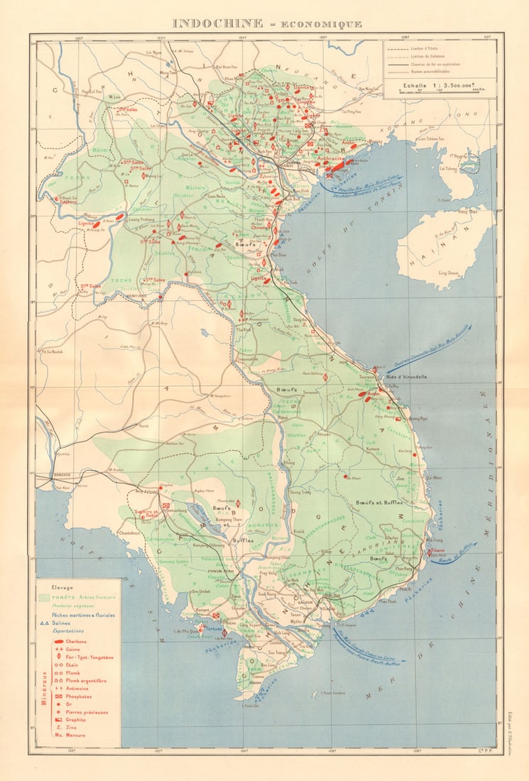 COLONIAL FRENCH INDOCHINA. Indochine française. Economique. Economic 1938 map: Title: COLONIAL FRENCH INDOCHINA. Indochine française. Economique. Economic 1938 map Description: Indochine - Economique'. Commandant P. Pollacchi. Published 1938. Vintage atlas map. Size 52 x 35