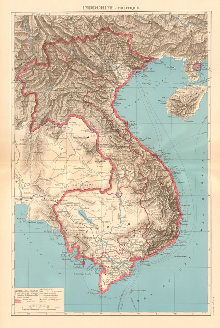 COLONIAL FRENCH INDOCHINA. Indochine française. Politique. Political 1938 map: Title: COLONIAL FRENCH INDOCHINA. Indochine française. Politique. Political 1938 map Description: Indochine - Politique'. Commandant P. Pollacchi. Published 1938. Vintage atlas map. Size 52 x 35 