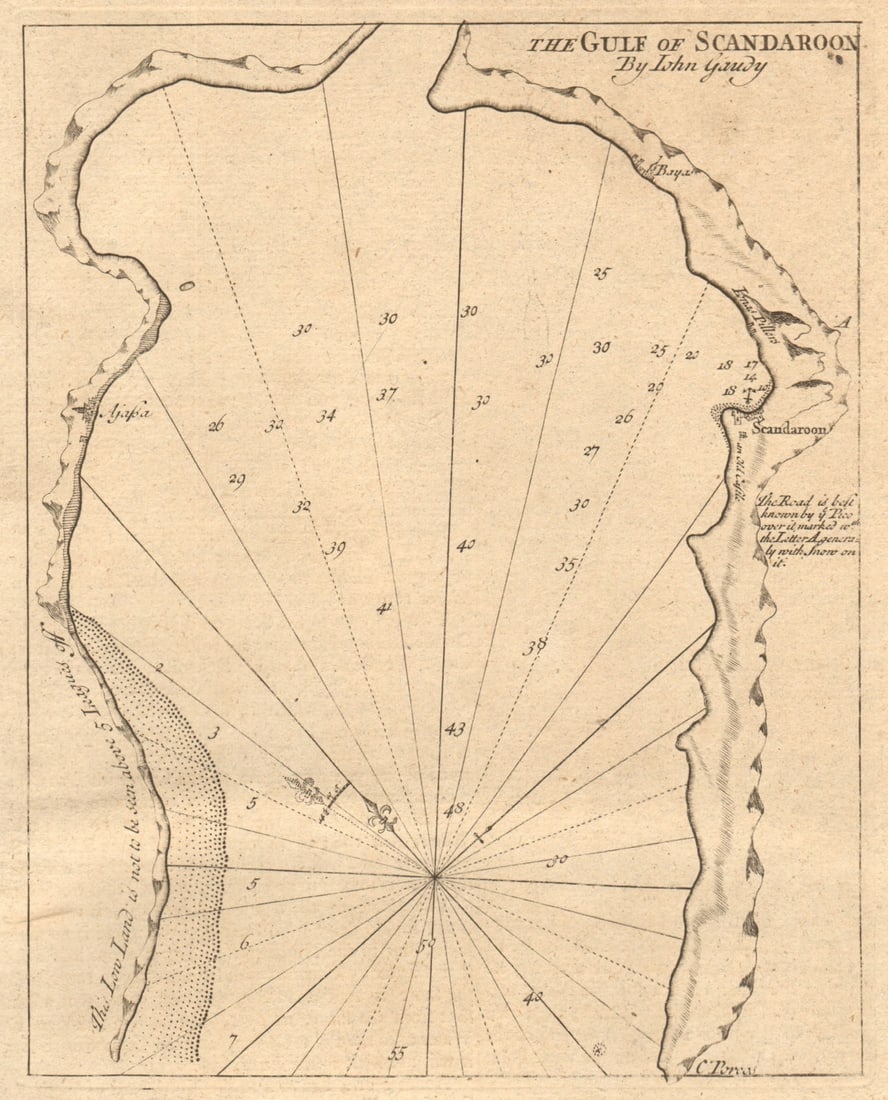 The gulf of Scandaroon Alexandretta Iskenderun Turkey GAUDY sea chart 1747 map: Title: "The gulf of Scandaroon" Alexandretta Iskenderun Turkey GAUDY sea chart 1747 map Description: The gulf of Scandaroon'. The following places are shown or referred to on the map: The Gulf of Alex