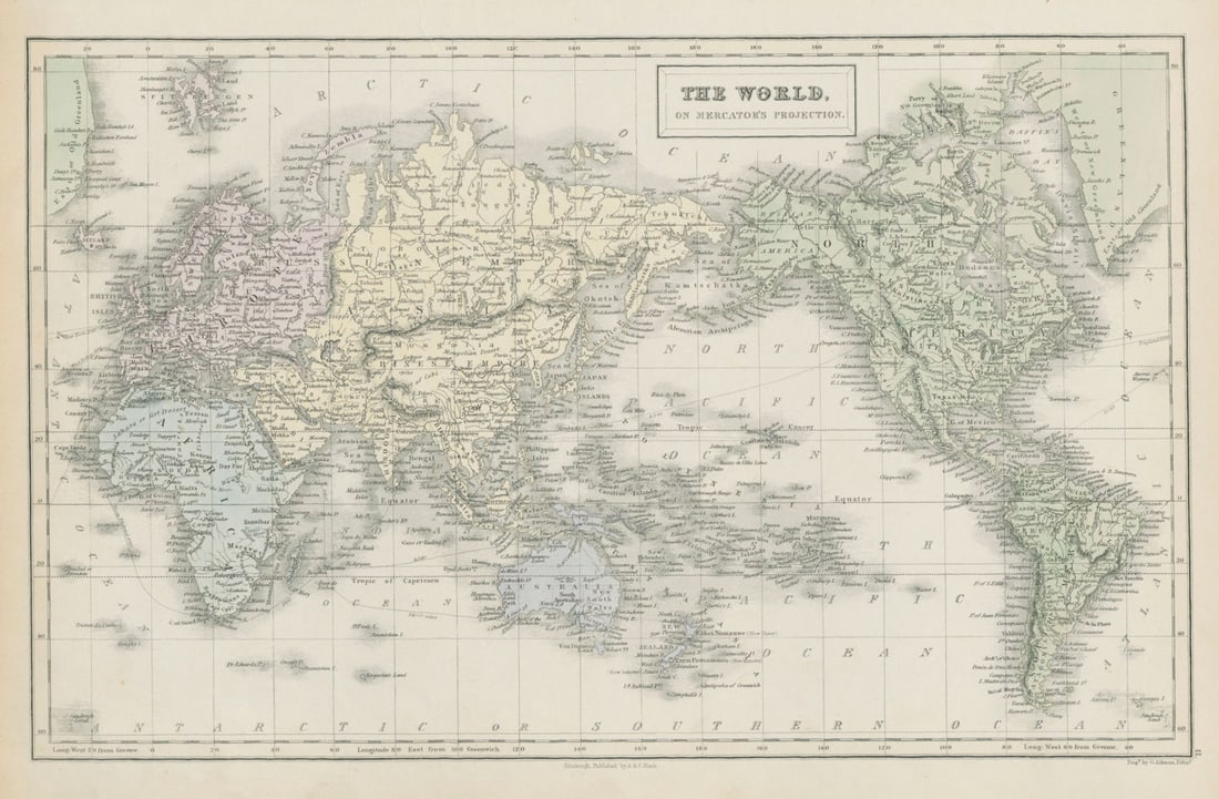 The World, on Mercator's projection by GEORGE AIKMAN. Asia-centric 1856 map: Title: The World, on Mercator's projection by GEORGE AIKMAN. Asia-centric 1856 map Description: The World, on Mercator's projection'. George Aikman. Published 1856. Antique atlas map with original han