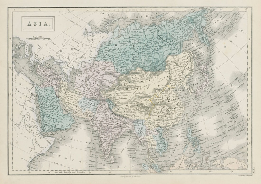 Asia by SIDNEY HALL. Siam Birmah Cochin China Niphon Persia Arabia 1856 map: Title: Asia by SIDNEY HALL. Siam Birmah Cochin China Niphon Persia Arabia 1856 map Description: Asia' by Hall, Sidney. Published 1856. Antique atlas map with original hand colouring / coloring. Size 2