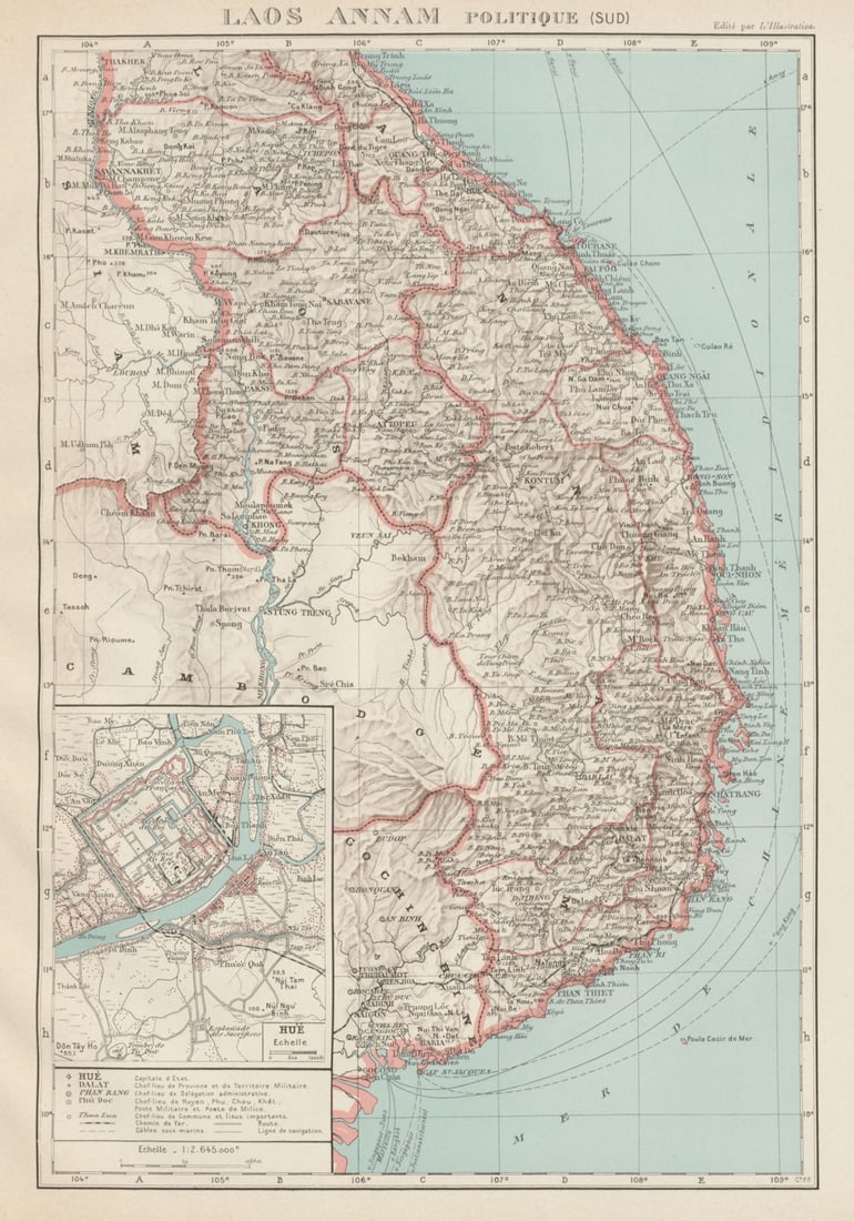 FRENCH INDOCHINA Indochine. South Laos & Annam. Vietnam. Hue city plan 1929 map: Title: FRENCH INDOCHINA Indochine. South Laos & Annam. Vietnam. Hue city plan 1929 map Description: Laos et Annam - Politique (sud). Inset: Hue'. Commandant P. Pollacchi. Published 1929. Vintage atlas