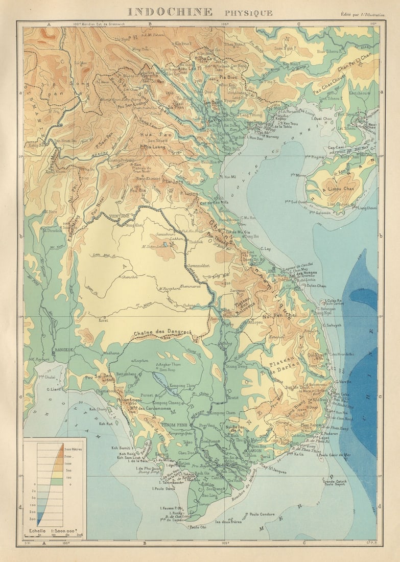 COLONIAL FRENCH INDOCHINA. Indochine française. Physique. Physical 1931 map: Title: COLONIAL FRENCH INDOCHINA. Indochine française. Physique. Physical 1931 map Description: Indochine - Physique'. Commandant P. Pollacchi. Published 1931. Vintage atlas map. Size 36 x 26 cm 