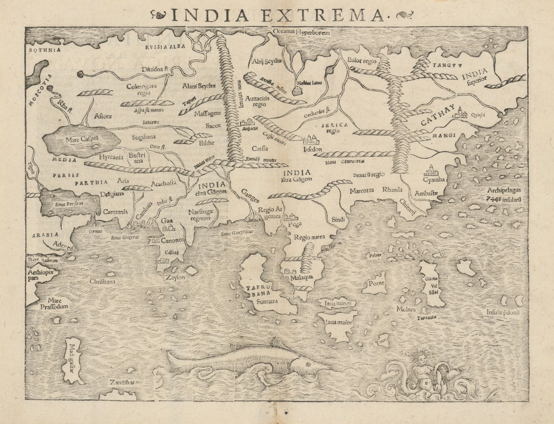India extrema. Asia & East Indies. Mermaid. SEBASTIAN MÜNSTER 1572 old map: Title: India extrema. Asia & East Indies. Mermaid. SEBASTIAN MÜNSTER 1572 old map Description: India extrema [Asia]. A fine example of the first printed map of Asia, from the 1572 edition of Muns
