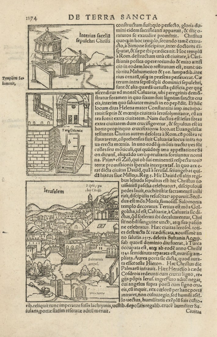 De Terra Sancta. Views of Jerusalem. Holy Sepulchre Church. MÜNSTER 1572 print: Title: De Terra Sancta. Views of Jerusalem. Holy Sepulchre Church. MÜNSTER 1572 print Description: De Terra Sancta - Ierusalem [Jerusalem] by Münster, Sebastian. Published 1572. Antique 16th