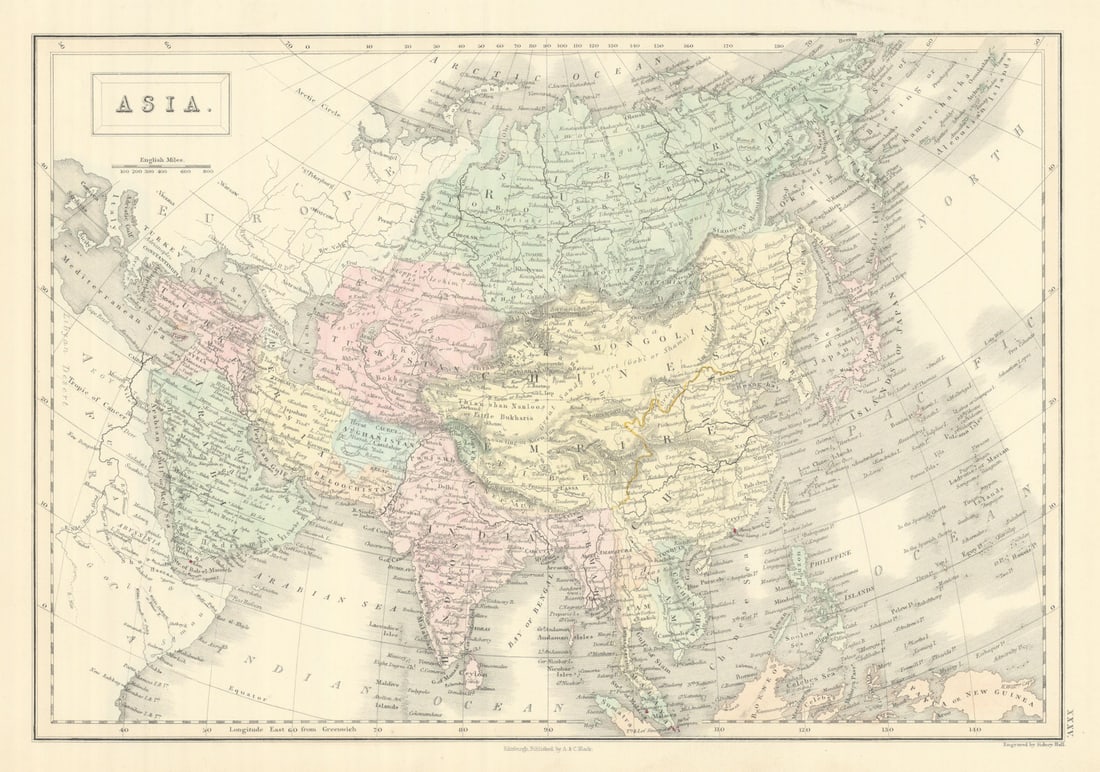 Asia by SIDNEY HALL. Siam Birmah Cochin China Niphon Persia Arabia 1854 map: Title: Asia by SIDNEY HALL. Siam Birmah Cochin China Niphon Persia Arabia 1854 map Description: Asia' by Hall, Sidney. Published 1854. Antique atlas map with original hand colouring / coloring. Size 2