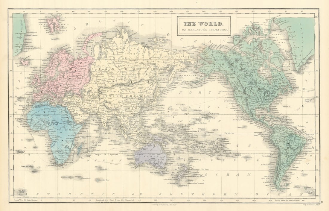 The World, on Mercator's projection by GEORGE AIKMAN. Asia-centric 1854 map: Title: The World, on Mercator's projection by GEORGE AIKMAN. Asia-centric 1854 map Description: The World, on Mercator's projection'. George Aikman. Published 1854. Antique atlas map with original han