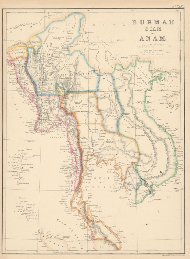 Burmah, Siam & Anam. Indochina Shan States Thailand Vietnam. WELLER 1860 map: Title: Burmah, Siam & Anam. Indochina Shan States Thailand Vietnam. WELLER 1860 map Description: Burmah, Siam, and Anam' by Weller, Edward. Published 1860. Antique engraved atlas map with original han