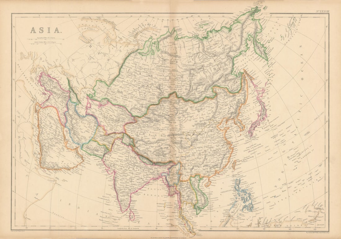 Asia by Edward Weller. Abou Thubbi/Abu Dhabi. Independent Kashmir 1860 old map: Title: Asia by Edward Weller. Abou Thubbi/Abu Dhabi. Independent Kashmir 1860 old map Description: Asia' by Weller, Edward. Published 1860. Antique engraved atlas map with original hand colour/color. 