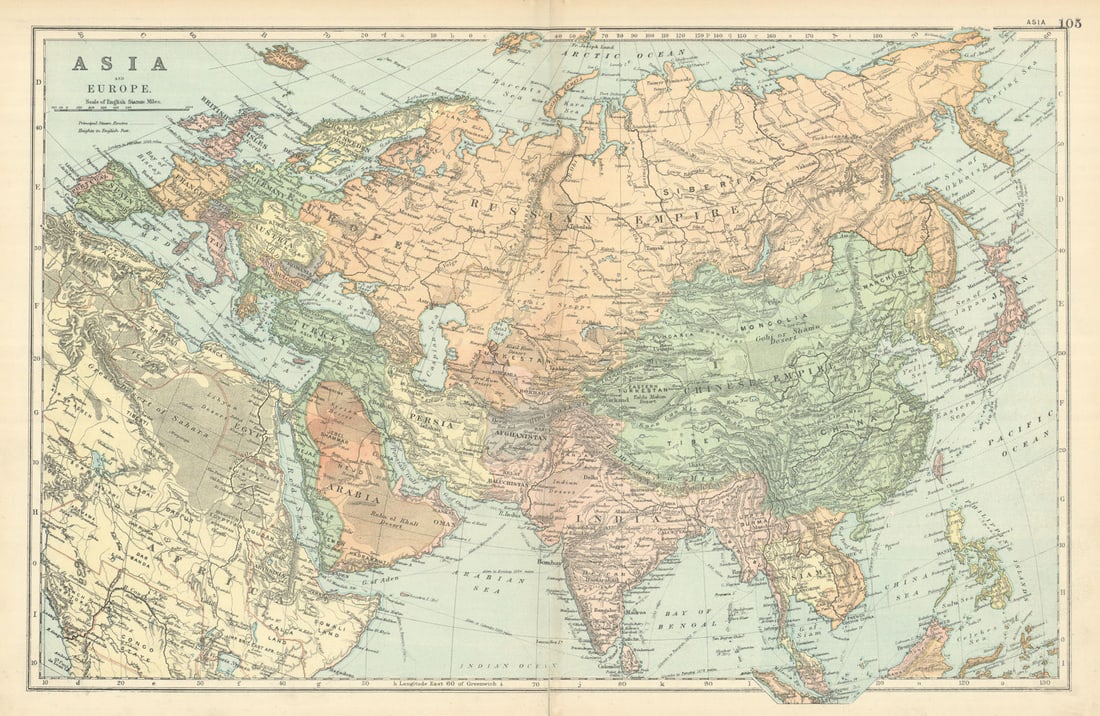 ASIA, EUROPE & North-East Africa. Abu Zhaby (Dhabi) by GW BACON 1898 old map: Title: ASIA, EUROPE & North-East Africa. Abu Zhaby (Dhabi) by GW BACON 1898 old map Description: Asia and Europe' by Bacon, George Washington & Co. Published 1898. Antique colour lithographic map. Siz