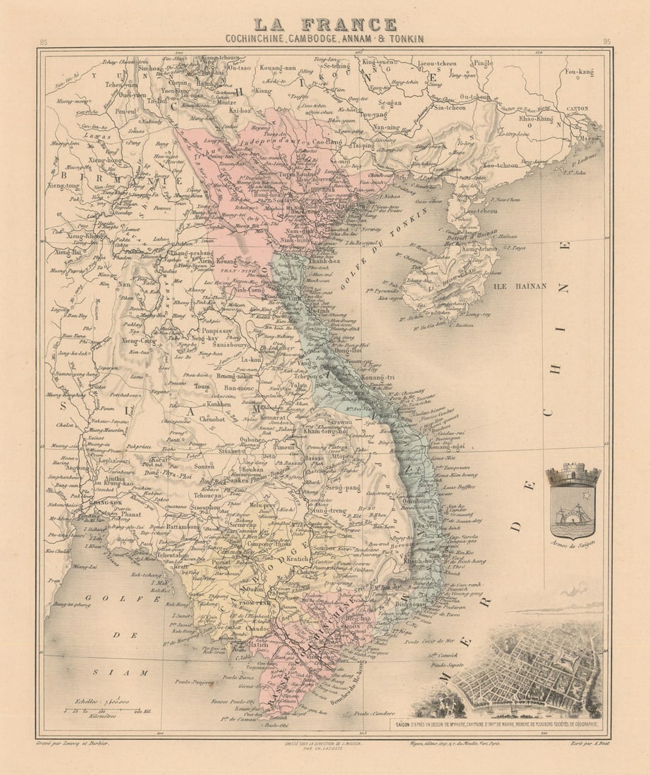 French Indochina. Cochinechine Cambodge Annam Tonkin. Vietnam Cambodia 1890 map: Title: French Indochina. Cochinechine Cambodge Annam Tonkin. Vietnam Cambodia 1890 map Description: Cochinechine, Cambodge, Annam & Tonkin' by Vuillemin, Alexandre. Published 1890. Original antiqu
