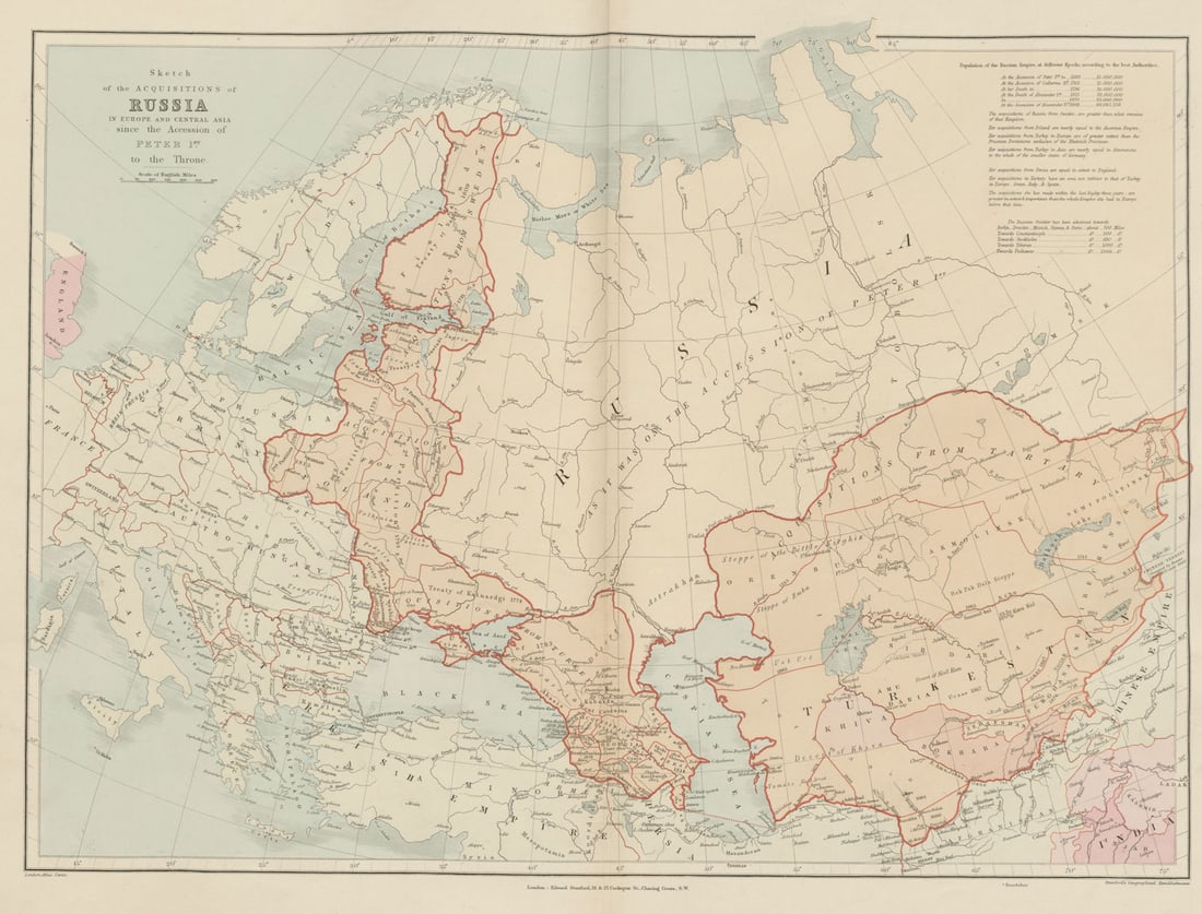 Russian acquisitions in Europe & Central Asia since 1689. STANFORD 1896 map: Title: Russian acquisitions in Europe & Central Asia since 1689. STANFORD 1896 map Description: Sketch of the acquisitions of Russia in Europe and Central Asia since the Accession of Peter 1st to the 