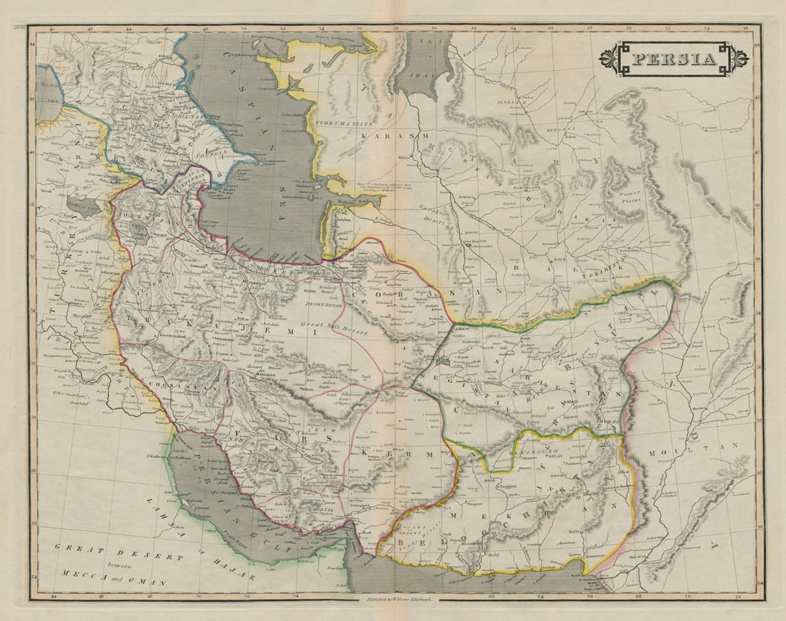 Persia. South-west & Central Asia. Cabul Beloochistan Caucasus. LIZARS 1842 map: Title: Persia. South-west & Central Asia. Cabul Beloochistan Caucasus. LIZARS 1842 map Description: Persia'. The map names "Grain" (Kuwait), and Bahrain. The Zara river (being the name given to Dubai 