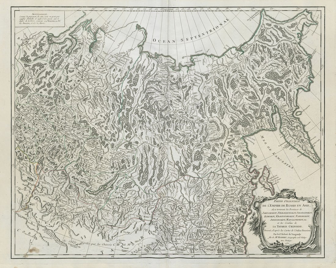 Parte Orientale l'Empire Russie en Asie Russia Siberia Asia. VAUGONDY 1750 map: Title: "Parte Orientale l'Empire Russie en Asie" Russia Siberia Asia. VAUGONDY 1750 map Description: Partie Orientale de l'Empire de Russie en Asie, où se trouvent les Provinces de Jakuckskoy,