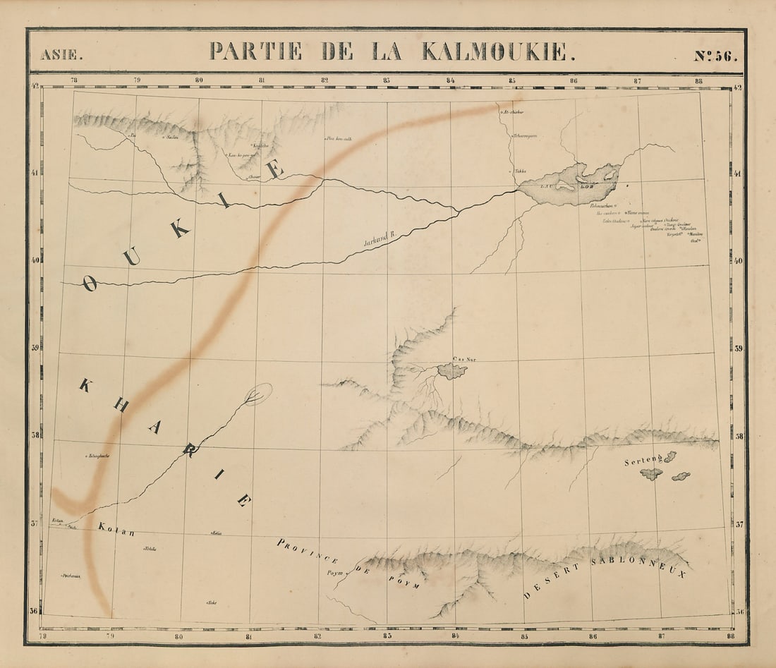 Asie Kalmoukie #56 China Taklamakan Yarkand Tibet Qinghai VANDERMAELEN 1827 map: Title: Asie Kalmoukie #56 China Taklamakan Yarkand Tibet Qinghai VANDERMAELEN 1827 map Description: Asie - Partie de la Kalmoukie - No. 56'. Taklamakan Desert & Yarkand river, Qinghai . Philippe M