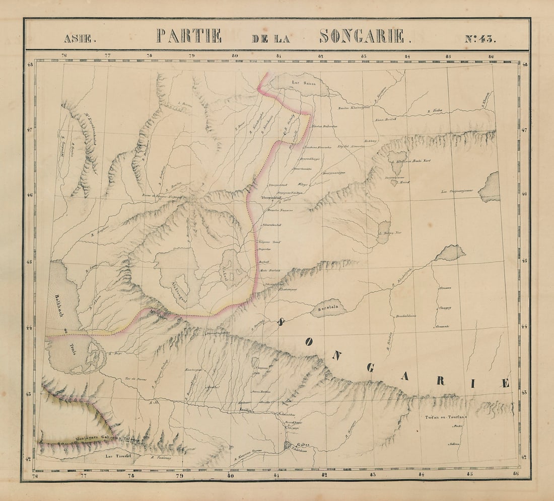 Asie. Songarie #43 SE Kazakhstan. NW Xinjiang, China. VANDERMAELEN 1827 map: Title: Asie. Songarie #43 SE Kazakhstan. NW Xinjiang, China. VANDERMAELEN 1827 map Description: Asie - Partie de la Songarie - No. 43'. South-east Kazakhstan and north-west Xinjiang, with the eastern 