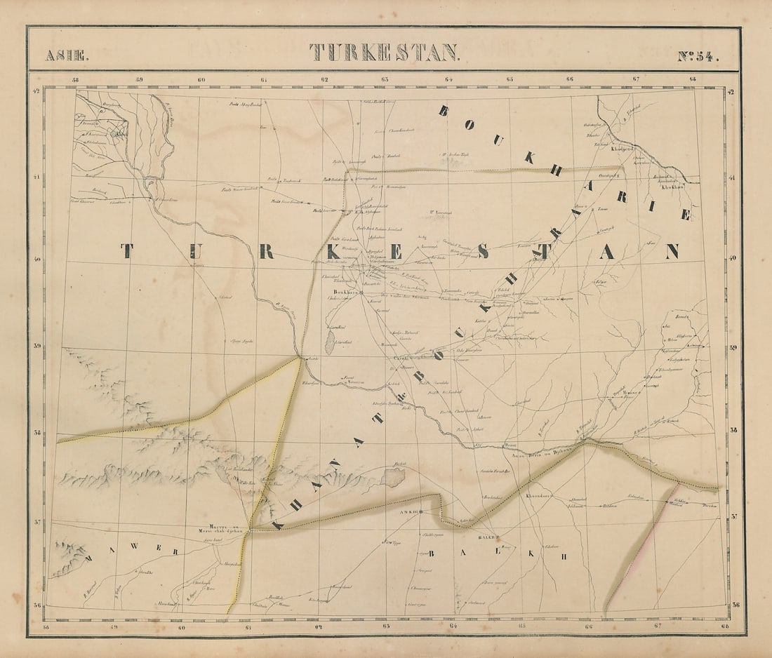 Asie. Turkestan #54 Uzbekistan Turkmenistan Tajikistan. VANDERMAELEN 1827 map: Title: Asie. Turkestan #54 Uzbekistan Turkmenistan Tajikistan. VANDERMAELEN 1827 map Description: Asie - Turkestan - No. 54'. Part of central Asia: southern Uzbekistan, eastern Turkmenistan, western T