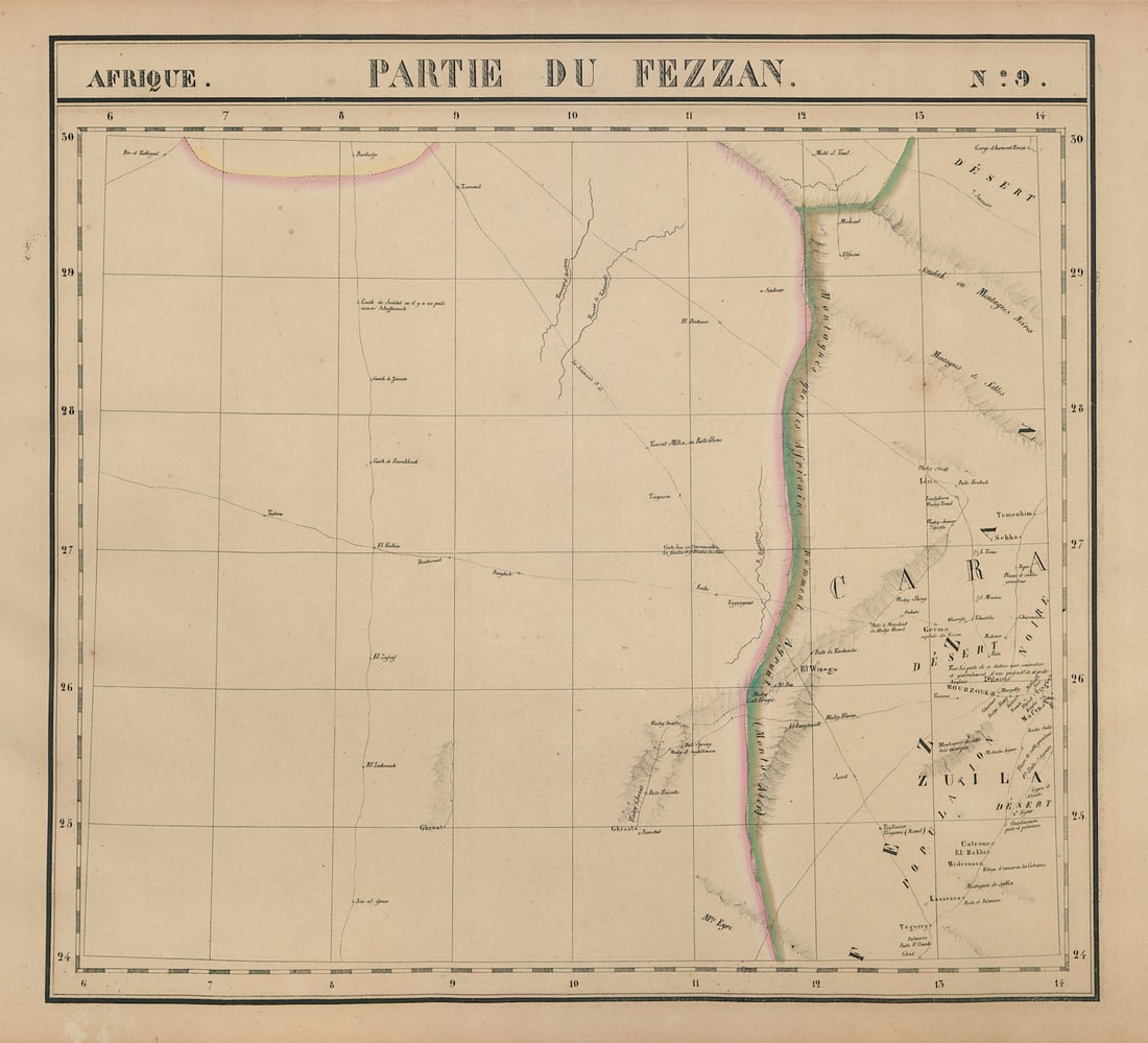 Afrique. Partie du Fezzan #9. Western Libya. Sahara Desert VANDERMAELEN 1827 map: Title: Afrique. Partie du Fezzan #9. Western Libya. Sahara Desert VANDERMAELEN 1827 map Description: Afrique - Partie du Fezzan - No. 9'. Western Libya. Sebha (Sabha) and Mourzouk (Murzuq) are marked 