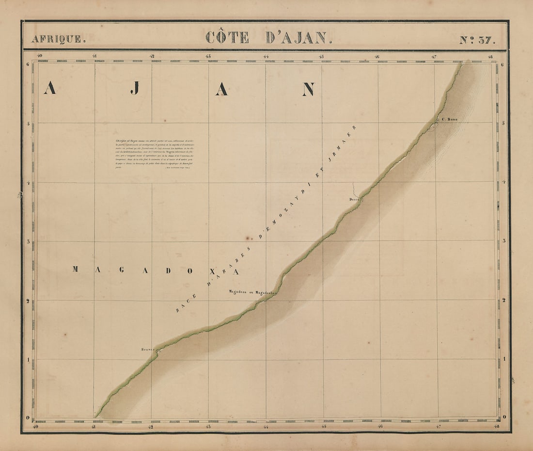 Afrique. Côte d'Ajan #37. Somalia Ethiopia Mogadishu. VANDERMAELEN 1827 map: Title: Afrique. Côte d'Ajan #37. Somalia Ethiopia Mogadishu. VANDERMAELEN 1827 map Description: Afrique - Côte d'Ajan - No. 37'. Southern Somalia and Eastern Ethiopia. Mogadishu . Philippe M