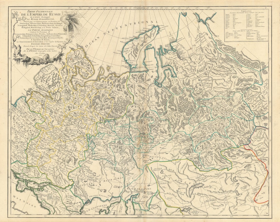 Parte Occidentale l'Empire Russie… Russia Siberia Asia. VAUGONDY 1750 map: Title: "Parte Occidentale l'Empire Russie…" Russia Siberia Asia. VAUGONDY 1750 map Description: Partie Occidentale de L'Empire de Russie, où se trouve distinguée la Russie Europeenne, 