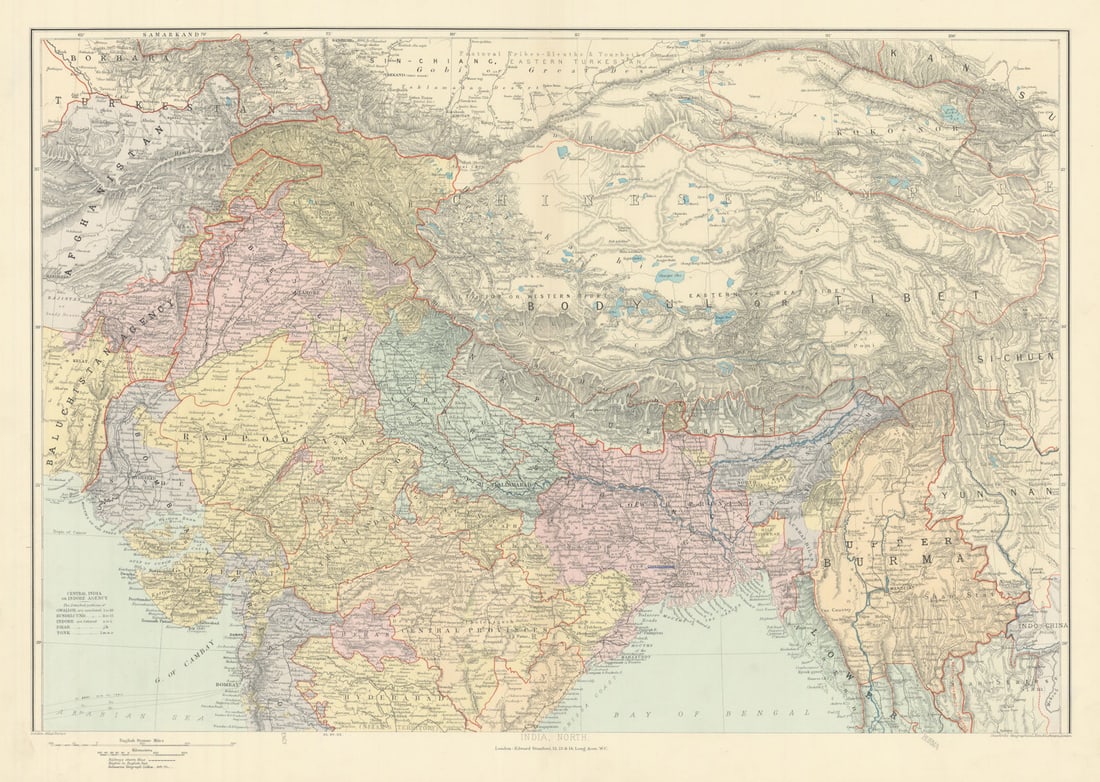 India, North. Tibet Bodyul Himalayas Baluchistan Burma 51x72cm STANFORD 1904 map (1 of 1)