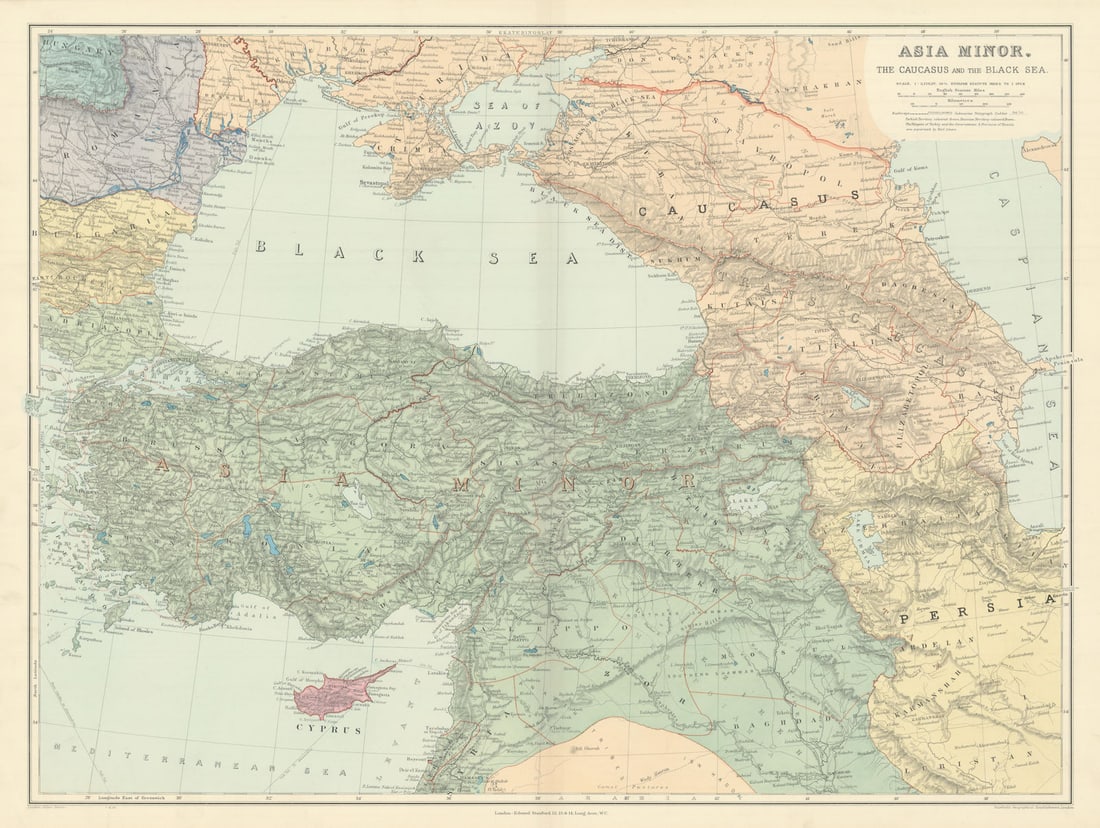 Asia Minor Caucasus & Black Sea. Turkey Syria Georgia Armenia. STANFORD 1904 map: Title: Asia Minor Caucasus & Black Sea. Turkey Syria Georgia Armenia. STANFORD 1904 map Description: Asia Minor, the Caucasus and the Black Sea'. Stanford's Geographical Establishment. Published 1904.