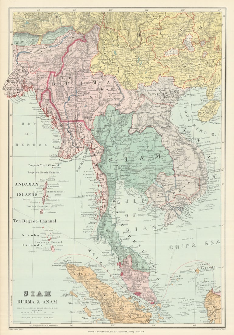 Indo-China. Indochina. Siam Annam Burma Thailand Cambodia. STANFORD 1894 map: Title: Indo-China. Indochina. Siam Annam Burma Thailand Cambodia. STANFORD 1894 map Description: Siam, Burma & Anam'. Stanford's Geographical Establishment. Published 1894. Large (folio) antique a