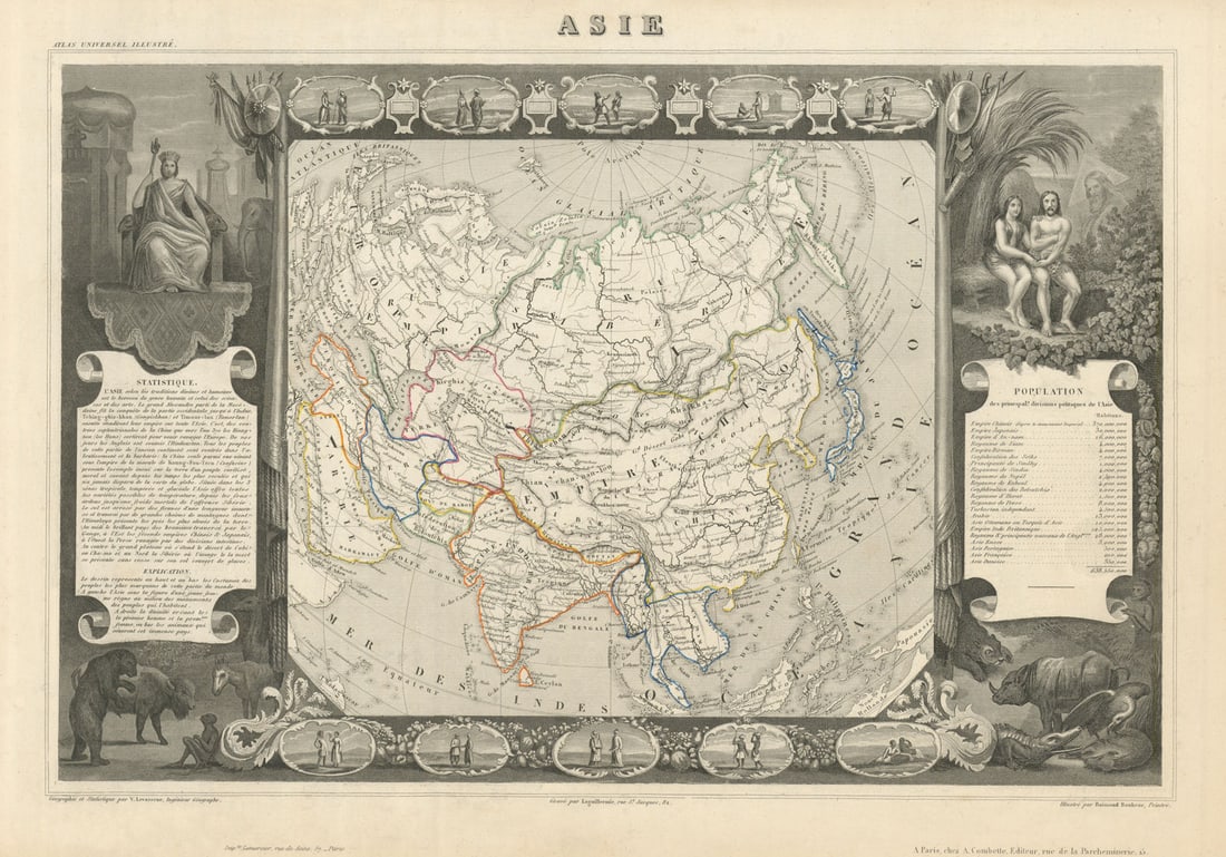 ASIE. Asia. Decorative antique map/carte by Victor LEVASSEUR 1856 old: Title: ASIE. Asia. Decorative antique map/carte by Victor LEVASSEUR 1856 old Description: Asie' by Levasseur, Victor. Published 1856. Antique steel engraved map with outline hand colour (color) applie