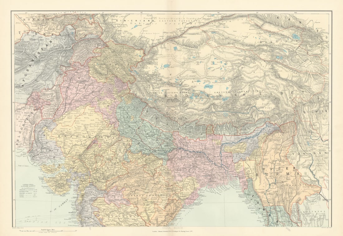 India, North. Tibet Bodyul Himalayas Baluchistan Burma 51x72cm STANFORD 1896 map: Title: India, North. Tibet Bodyul Himalayas Baluchistan Burma 51x72cm STANFORD 1896 map Description: India, North'. Stanford's Geographical Establishment. Published 1896. Large (folio) antique atlas m