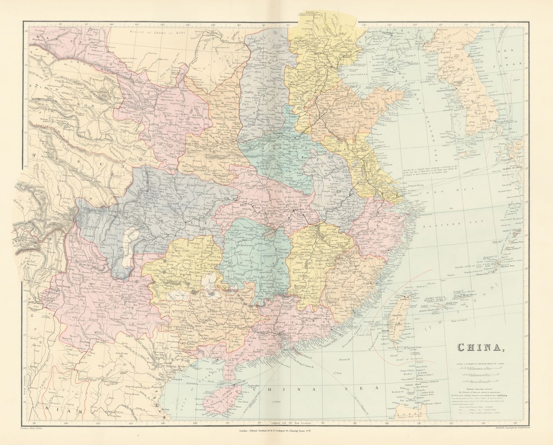China. Hong Kong. Kwang-chao. Kiao-chai. Wei-hai-wei. 52x65cm. STANFORD 1896 map: Title: China. Hong Kong. Kwang-chao. Kiao-chai. Wei-hai-wei. 52x65cm. STANFORD 1896 map Description: China'. Stanford's Geographical Establishment. Published 1896. Large (folio) antique atlas map. Siz