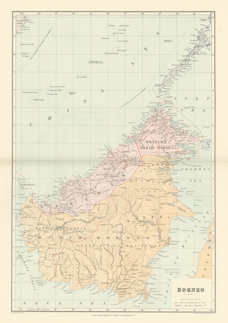 Dutch & British North Borneo Sarawak Kalimantan Palawan. STANFORD 1896 old map: Title: Dutch & British North Borneo Sarawak Kalimantan Palawan. STANFORD 1896 old map Description: Borneo'. Stanford's Geographical Establishment. Published 1896. Large (folio) antique atlas map. Size