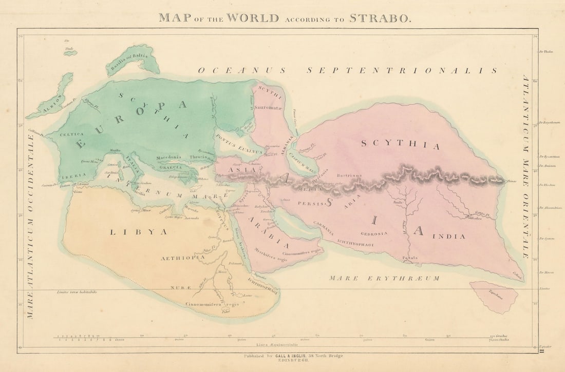 Map of the World according to Strabo. Europe, North Africa & Asia 1850 old: Title: Map of the World according to Strabo. Europe, North Africa & Asia 1850 old Description: Map of the World according to Strabo' by Gall, James & Inglis, Robert. Published 1850. Antique folio atla