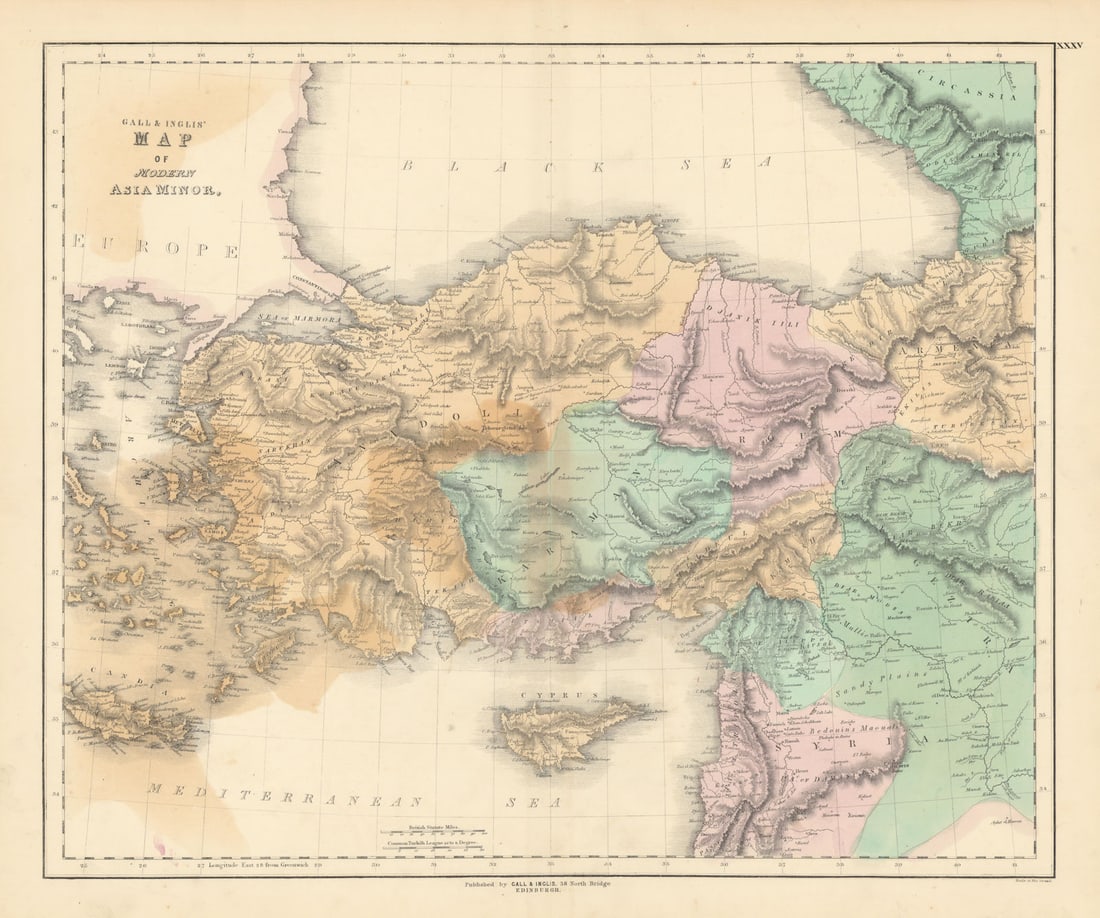 Gall & Inglis' Map of Modern Asia Minor. Anatolia Aegean Cyprus Turkey 1850: Title: Gall & Inglis' Map of Modern Asia Minor. Anatolia Aegean Cyprus Turkey 1850 Description: Gall & Inglis' Map of Modern Asia Minor' by Gall, James & Inglis, Robert. Published 1850. Antique fo