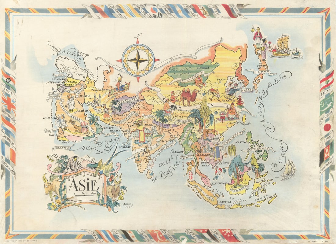 Asie. Pictorial map of Asia by Jacques Liozu 1951 old vintage plan chart: Title: Asie. Pictorial map of Asia by Jacques Liozu 1951 old vintage plan chart Description: Asie'. A 1951 pictorial map of continent of Asia south of the USSR by French illustrator Jacques Liozu, enc