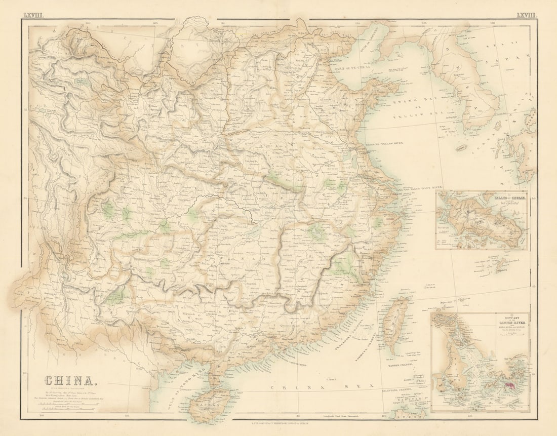 China. Great Wall. Pearl River delta, Hong Kong, Guangzhou. FULLARTON c1863 map: Title: China. Great Wall. Pearl River delta, Hong Kong, Guangzhou. FULLARTON c1863 map Description: China. Insets Island of Chusan. Estuary of the Canton River'. From an undated atlas for which the in