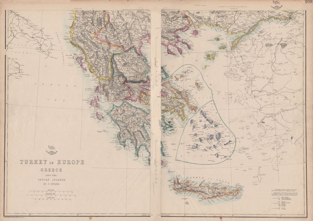 GREECE Turkey in Europe British Ionian Islands Cyclades Aegean.ETTLING 1863 map: Title: GREECE Turkey in Europe British Ionian Islands Cyclades Aegean.ETTLING 1863 map Description: Turkey in Europe Greece and the Ionian Islands'. The map shows the United States of the Ionian Islan