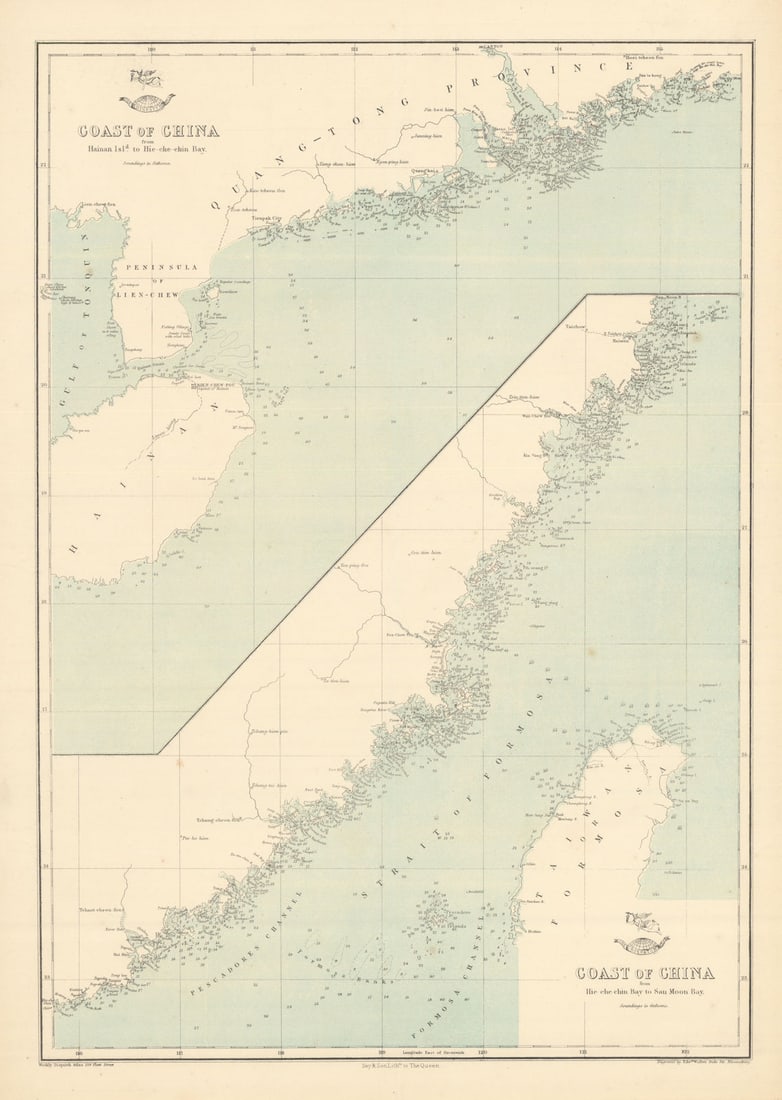 COAST OF CHINA. Hainan-San Moon Bay. Formosa Hong Kong Canton. WELLER 1863 map (1 of 1)