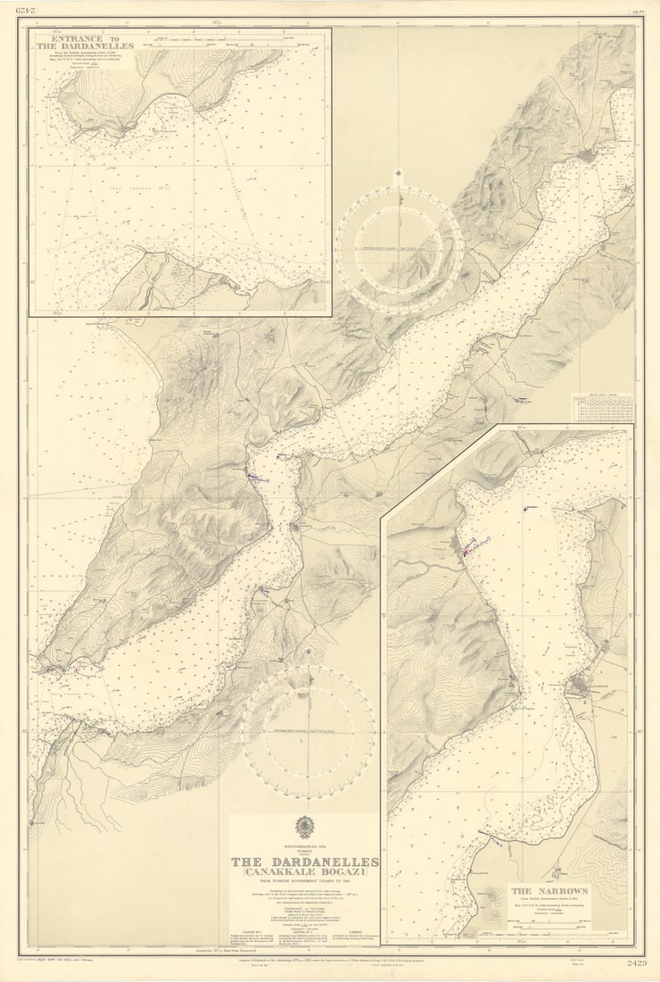 Dardanelles/Canakkale Bogazi. Narrows Turkey ADMIRALTY sea chart 1952 (1954) map: Title: Dardanelles/Canakkale Bogazi. Narrows Turkey ADMIRALTY sea chart 1952 (1954) map Description: Mediterranean Sea - Turkey - The Dardanelles (Canakkale Bogazi) // Entrance to The Dardanelles //