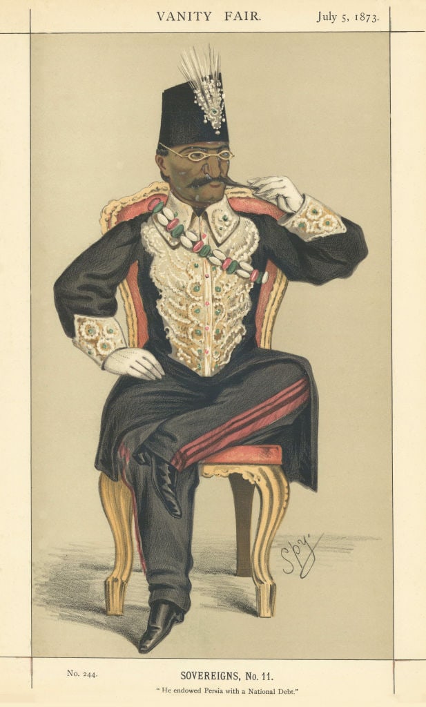 VANITY FAIR SPY CARTOON Shah Naser al-Din Shah Qajar 'He Endowed Persia…' 1873: Title: VANITY FAIR SPY CARTOON Shah Naser al-Din Shah Qajar 'He Endowed Persia…' 1873 Description: He Endowed Persia with a National Debt [HIM The Shah of Persia [Naser al-Din Shah Qajar]]. H. I