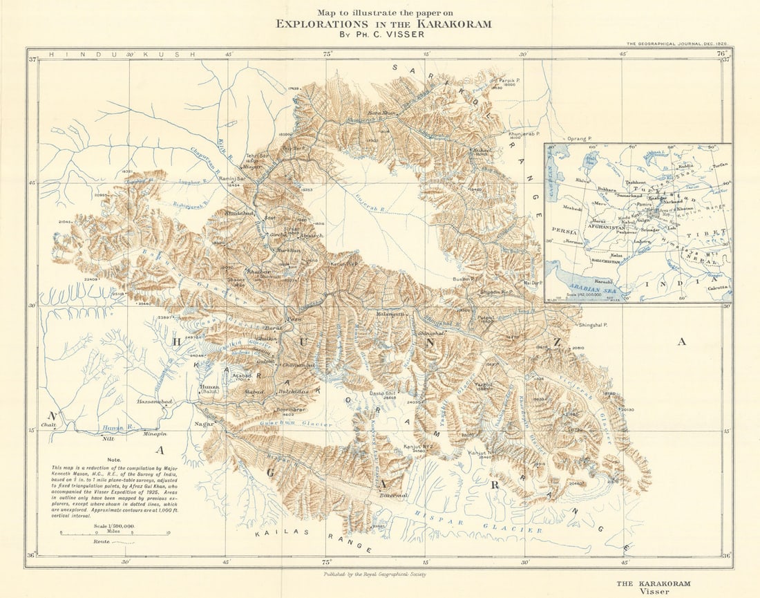 Explorations in the Karakoram. Pakistan. RGS/Visser 1926 old vintage map chart: Title: Explorations in the Karakoram. Pakistan. RGS/Visser 1926 old vintage map chart Description: Map to illustrate the paper on Explorations in the Karakoram by Ph. C. Visser'. Royal Geographical So