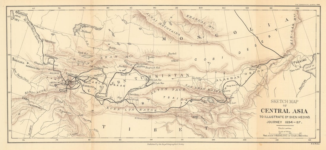 Sketch map of Central Asia to illustrate Sven Hedin's Journey 1894-97. RGS 1898: Title: Sketch map of Central Asia to illustrate Sven Hedin's Journey 1894-97. RGS 1898 Description: Sketch map of Central Asia to illustrate Dr Sven Hedin's Journey 1894-97'. Royal Geographical Societ