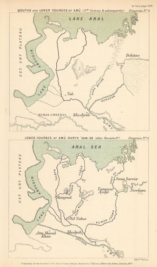 Aral Lake/Sea & Amu Darya changes 16C-1859. Uzbekistan. Boutakoff/RGS 1875 map: Title: Aral Lake/Sea & Amu Darya changes 16C-1859. Uzbekistan. Boutakoff/RGS 1875 map Description: Mouths and lower courses of Amu (C17th & subsequently)'. Mouths and Lower Courses of the Amu (C17