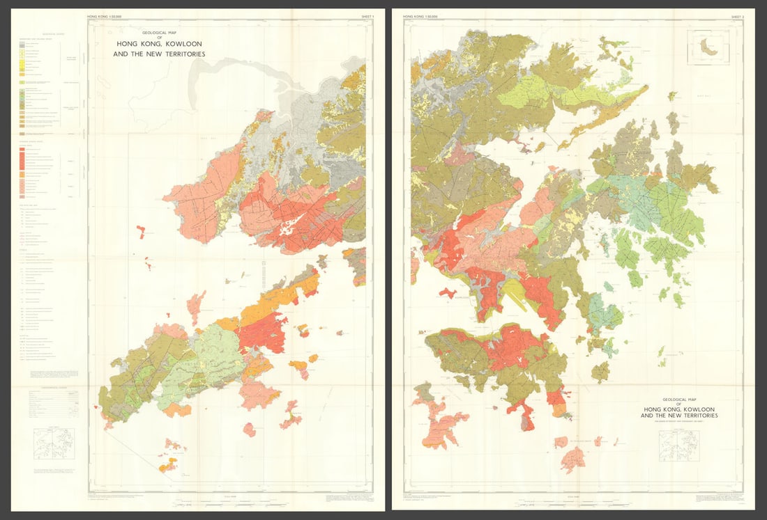 Geological Map of Hong Kong, Kowloon and the New Territories. 2 Sheets 1972: Title: Geological Map of Hong Kong, Kowloon and the New Territories. 2 Sheets 1972 Description: Geological Map of Hong Kong, Kowloon and the New Territories [2 Sheets]. Geologically surveyed by P. M. 