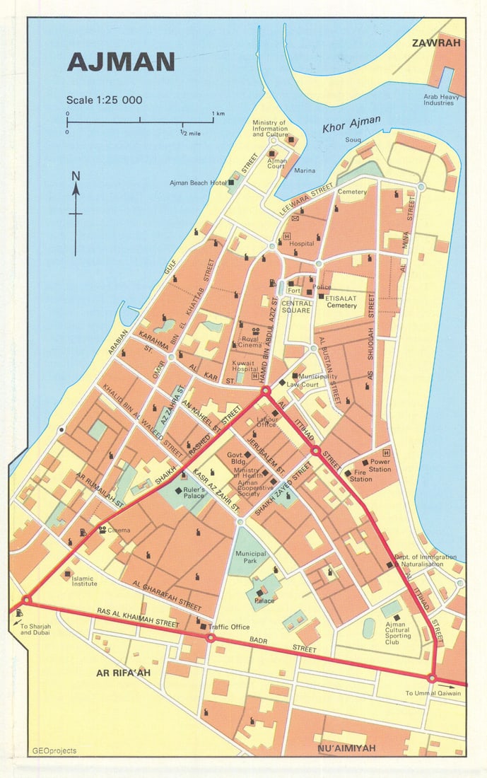Vintage Ajman town city plan, United Arab Emirates. UAE. GEOprojects 1995 map: Title: Vintage Ajman town city plan, United Arab Emirates. UAE. GEOprojects 1995 map Description: Ajman' by GEOprojects. Published [Undated but Worldcat says this edition was published in 1995]. Vinta
