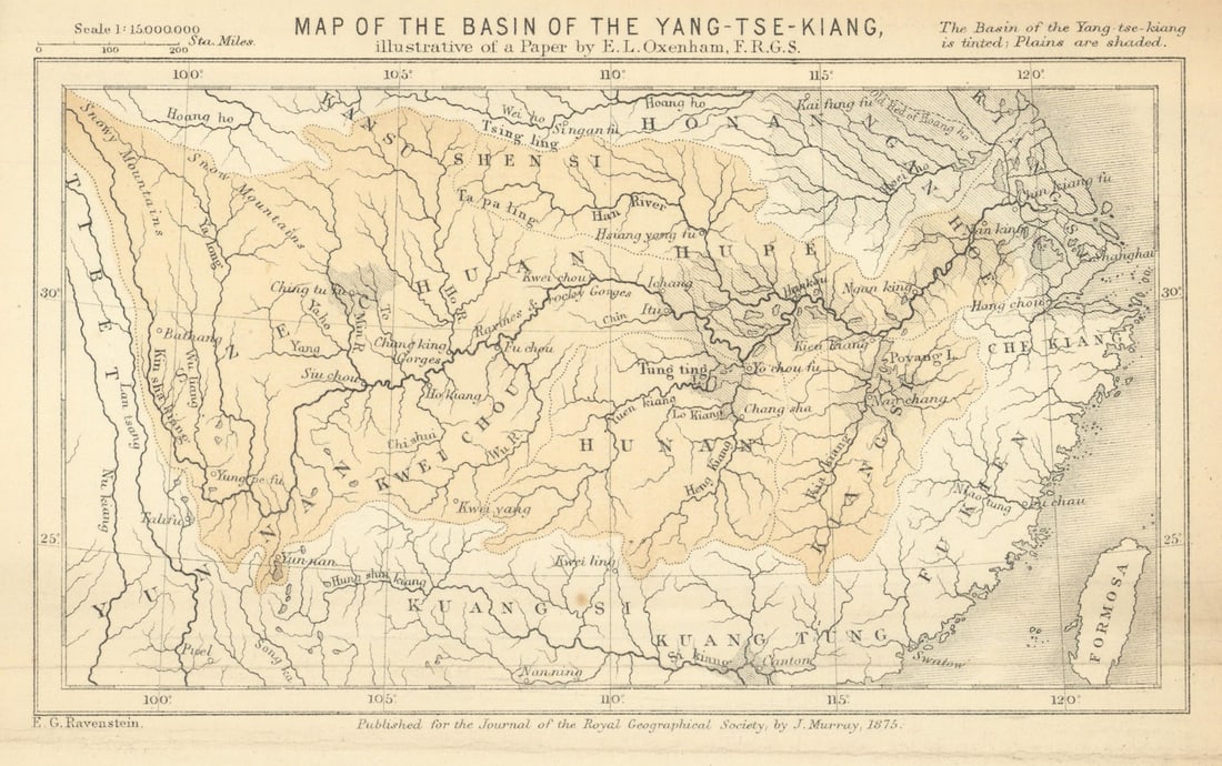 Basin of the Yangtse Kiang by EL Oxenham. China. RGS 1875 old antique map: Title: Basin of the Yangtse Kiang by EL Oxenham. China. RGS 1875 old antique map Description: Map of the Basin of the Yang-tse Kiang'. Map of the Basin of the Yang-tse Kiang. By E. L. Oxenham, F.R.G.S